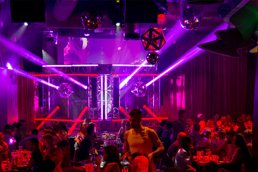 Beresford Upstairs in full swing — disco balls, lasers and a packed crowd