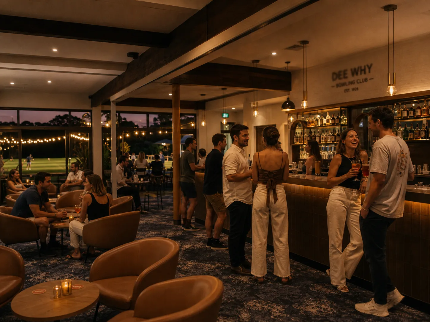 Dee Why Bowls Club interior at dusk