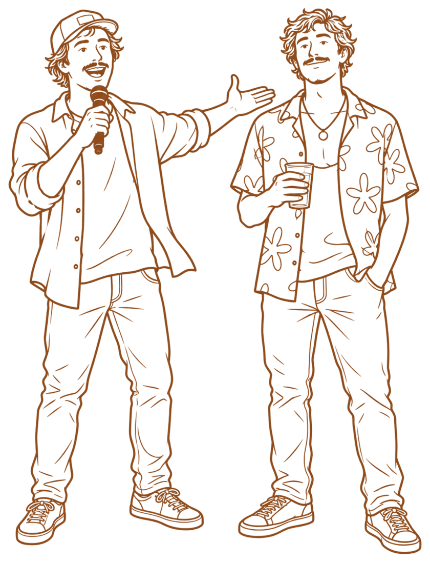 Line drawing of a mate on the mic pitching his friend to the room, his friend standing beside him with a drink