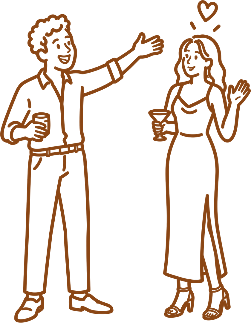 Line drawing of a mate mid-pitch, gesturing towards their single friend, who holds a drink with a heart above her head